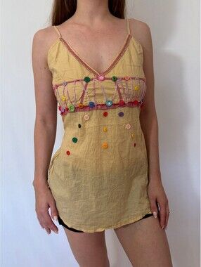 Pale Yellow Button Detail Pink Trim Tie Back Y2k Tank Top